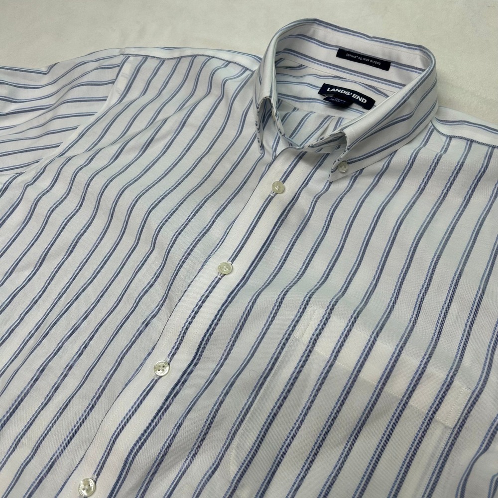 Lands' End Supima No Iron Striped Dress Shirt Tailored Fit 16-36/T White/ Blue